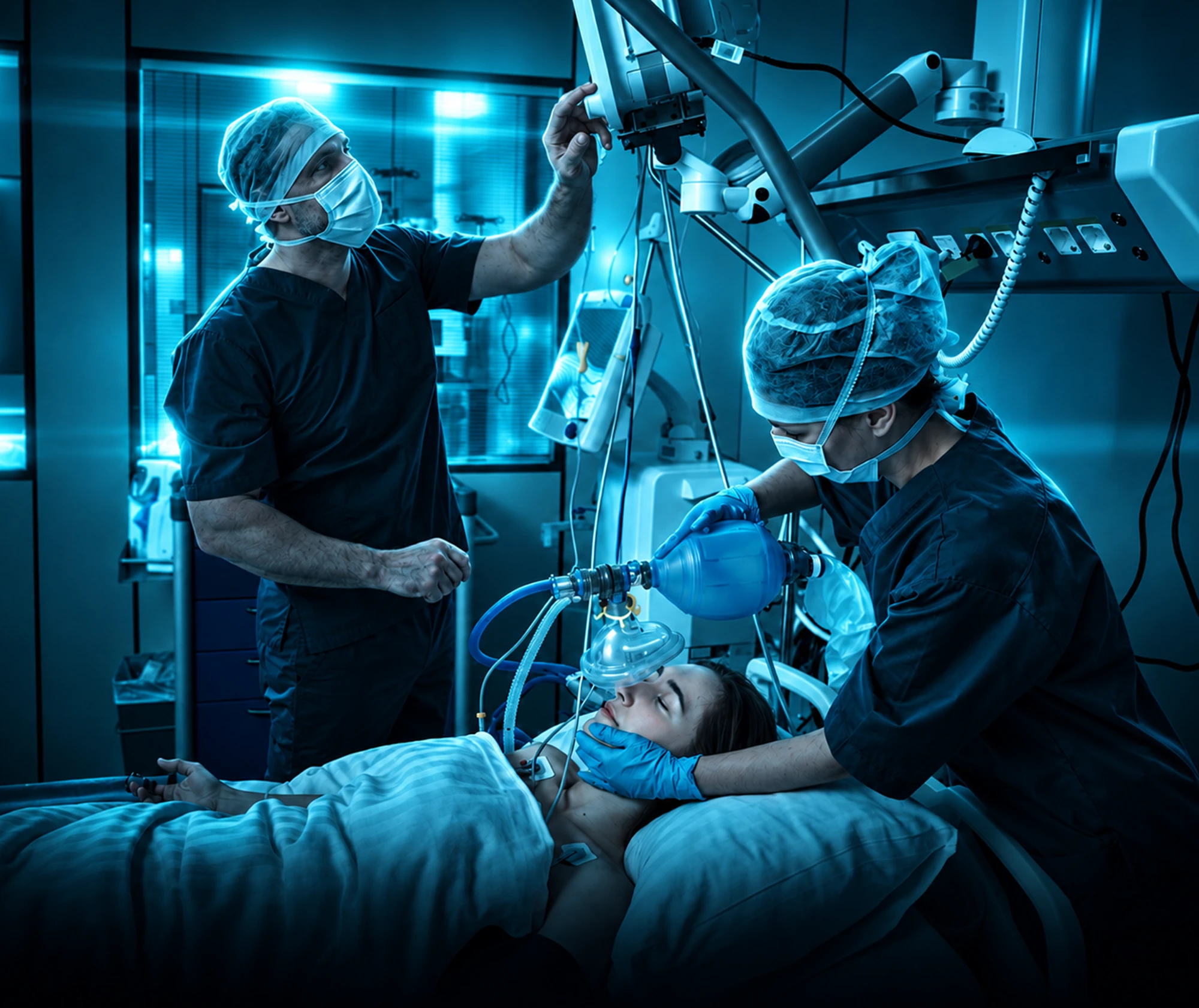 Médicos intensivistas em atendimento numa UTI, um deles ventilando o paciente com bolsa-válvula-máscara